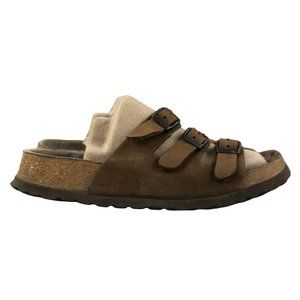 Betula Unisex Size 245 M5 L7 Brown Leather Triple Strap Buckle Slip On Sandals